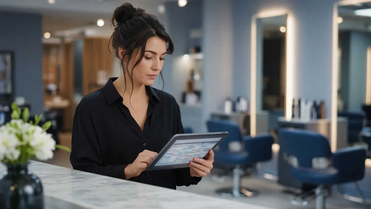 Hairdresser checking online appointments on a tablet