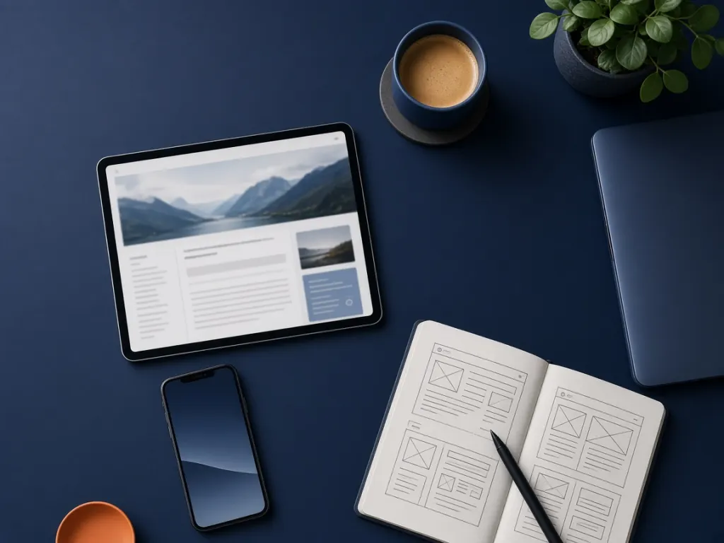 A tablet showing a blog post next to website sketches