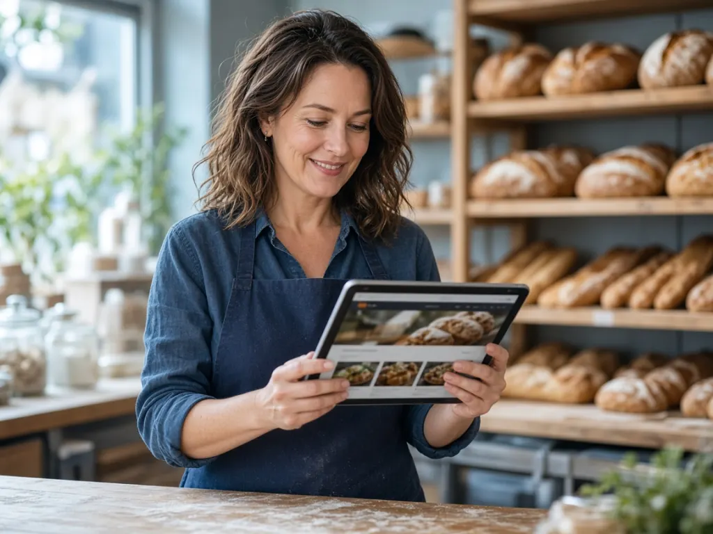 Bakery owner viewing her new website on a tablet