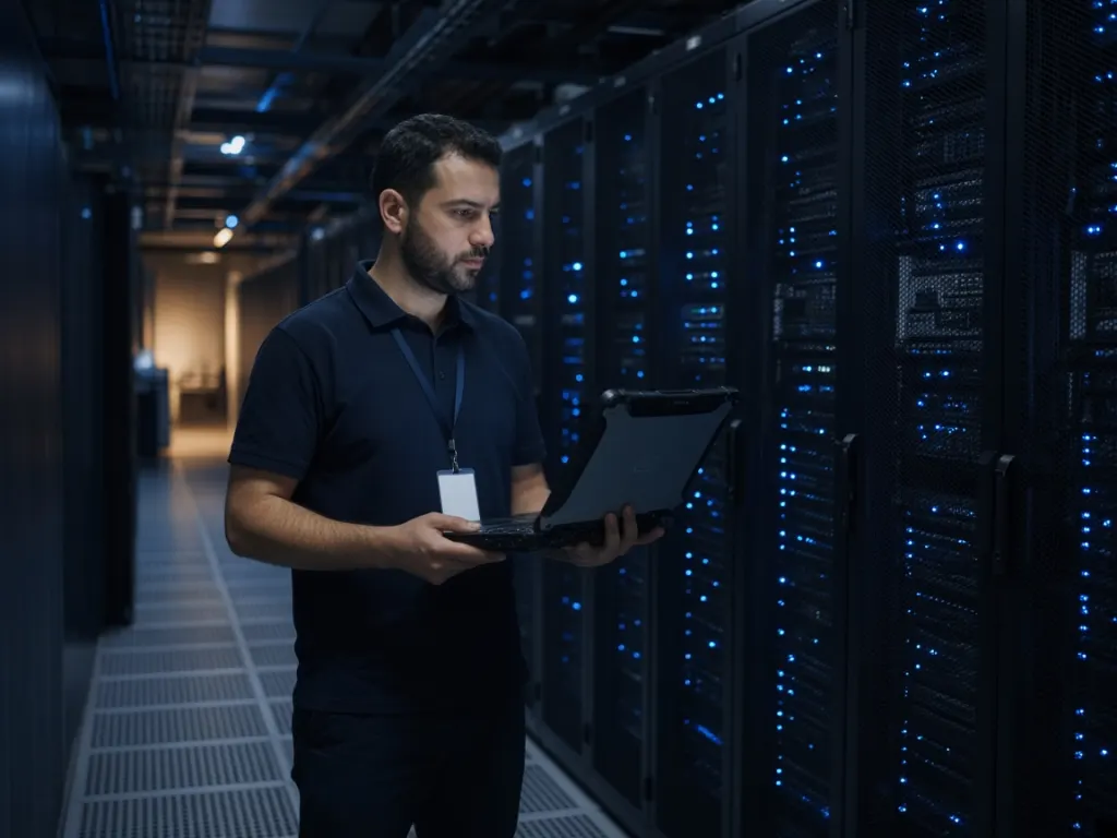 Veri merkezinde sunucuları kontrol eden sistem mühendisi