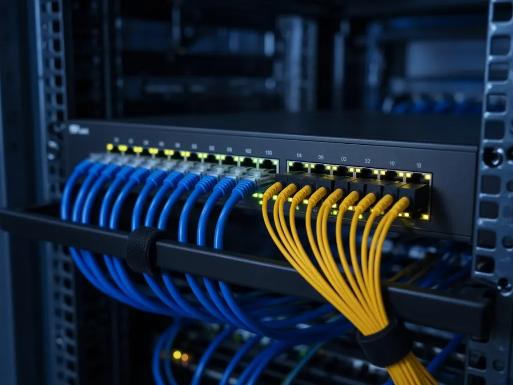 Veri merkezindeki ağ anahtarı ve fiber bağlantılar