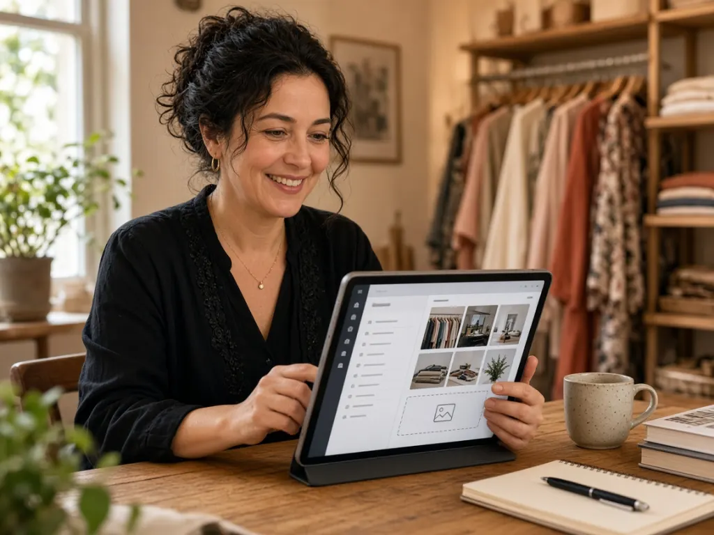 Tabletinden web sitesini yönetim paneliyle güncelleyen işletme sahibi