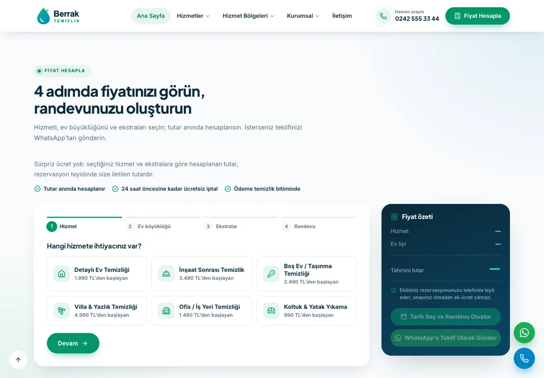 Neptün Temizlik - Cleaning Company Website with Online Price Calculator