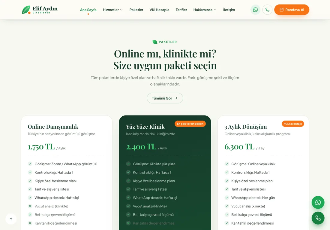 Satürn Diyetisyen - Dietitian Website with BMI Calculator and Online Booking