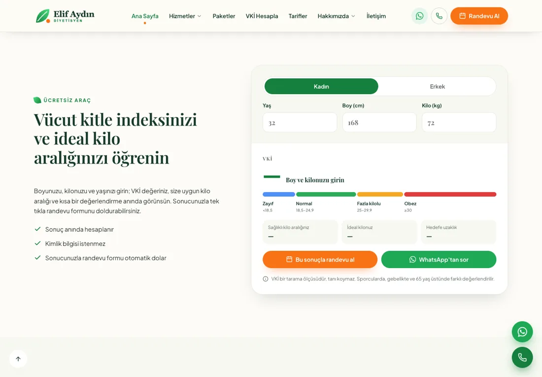 Satürn Diyetisyen - Dietitian Website with BMI Calculator and Online Booking