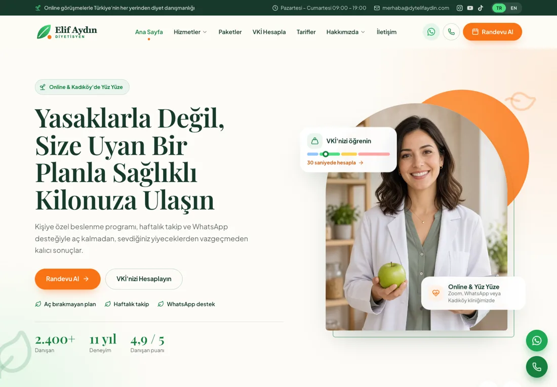 Satürn Diyetisyen - Dietitian Website with BMI Calculator and Online Booking screenshot